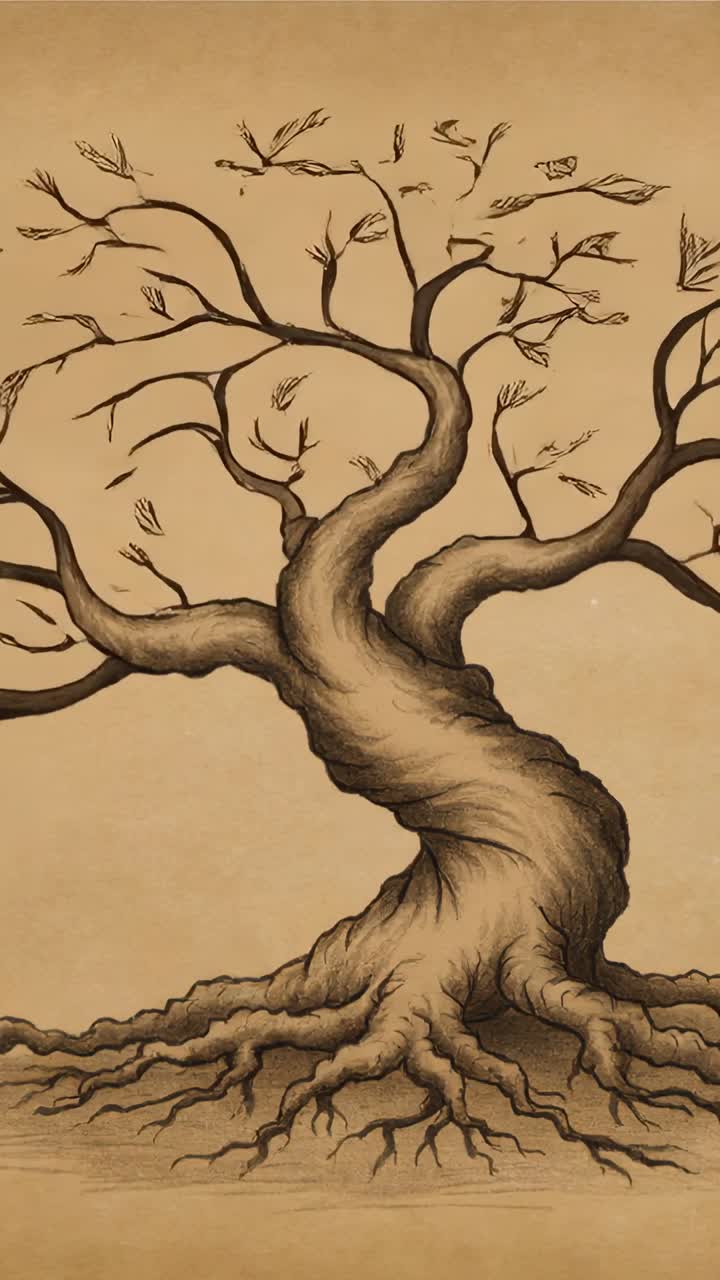 Vertical video: Panning camera revealing twisted tree drawing in sepia paper to show right branches