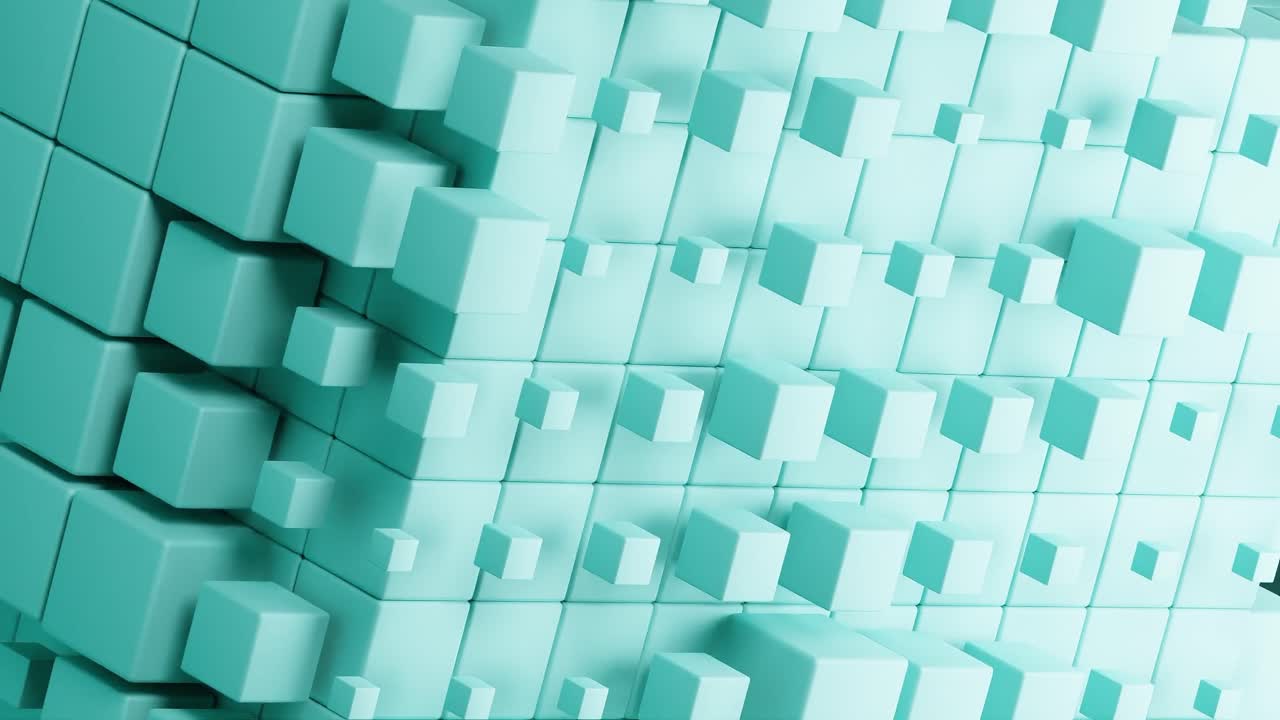 Abstract 3D cube structure composed of small blue cubes on a mint blue background. Digital geometric design concept.