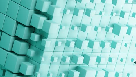 abstract 3d cube structure composed of small blue cubes on a mint blue background. digital geometric design concept.