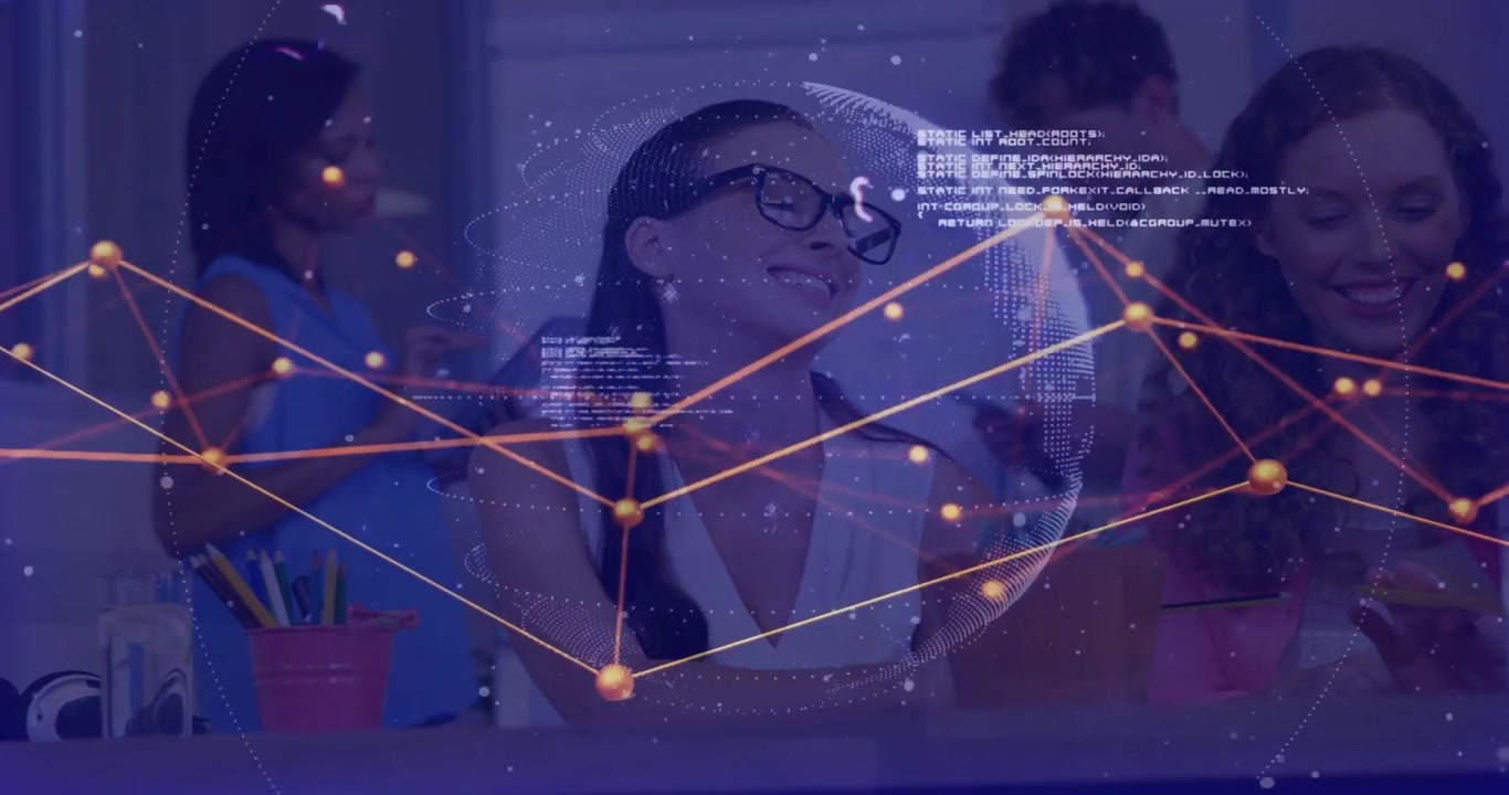 Network overlay fading in revealing software developer typing code and collaborating with team