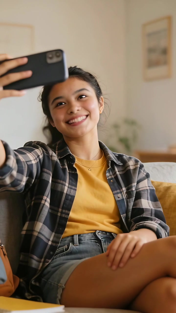 Video verticale: Un adolescente con camicia a quadri e pantaloncini di jeans si prepara a fare un selfie, alzando uno smartphone nero sul divano.