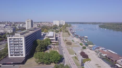 Static-postcard-aerial-shot-of-Zemun-kej-and-Juga-building-in-New-Belgrade