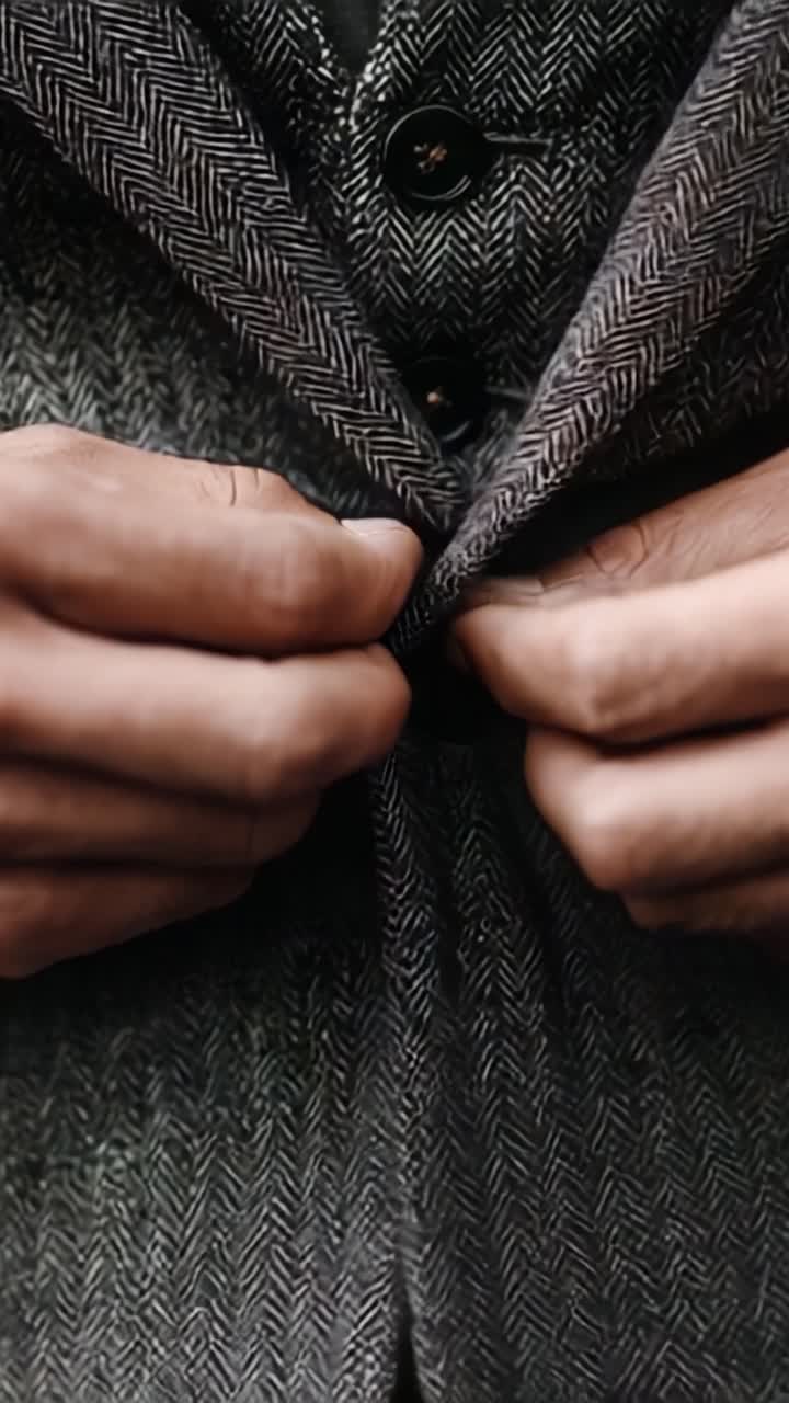 Un primo piano di un individuo ben vestito che sistema la sua giacca a spina di pesce, mettendo in mostra il tessuto intricato e l'attenzione ai dettagli nella moda