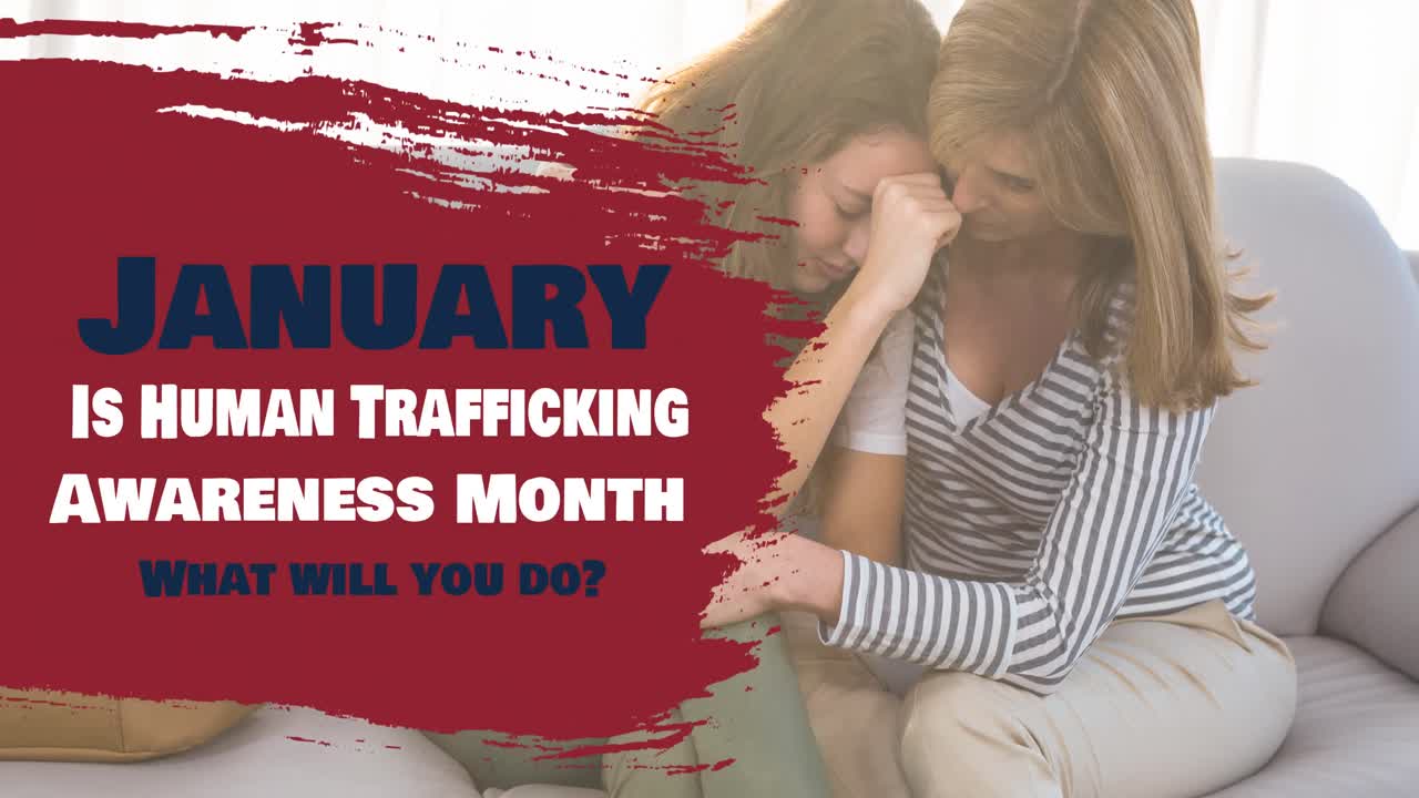 백인 어머니와 딸이 포옹하는 백인 인신매매 금지 텍스트의 애니메이션