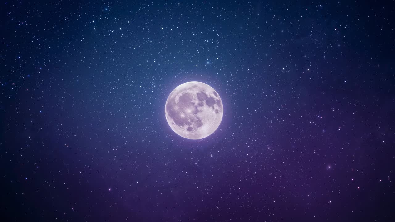Opening on full moon shining in deep blue-to-purple gradient starry night sky, with numerous stars