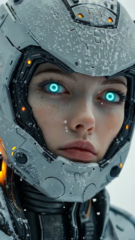 futuristic cyborg woman in a snowy landscape with glowing eyes