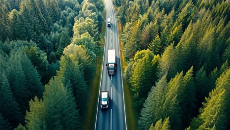 aerial view of trucks and cars on a road winding through a dense forest