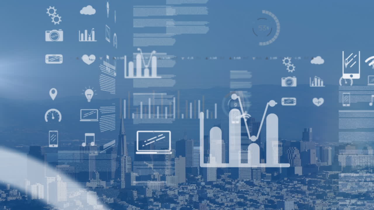 Animation of financial data, graphs, icons moving against cityscape