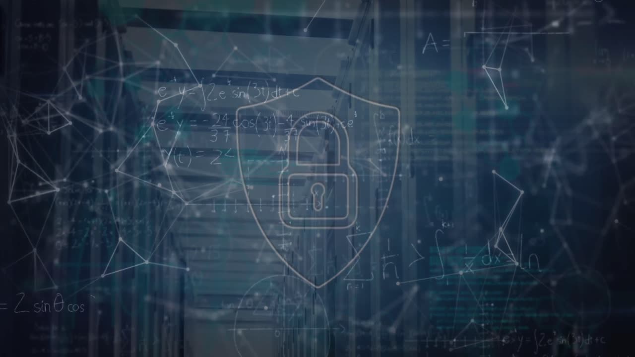 animación de candados y formas sobre ecuaciones matemáticas y sala de servidores