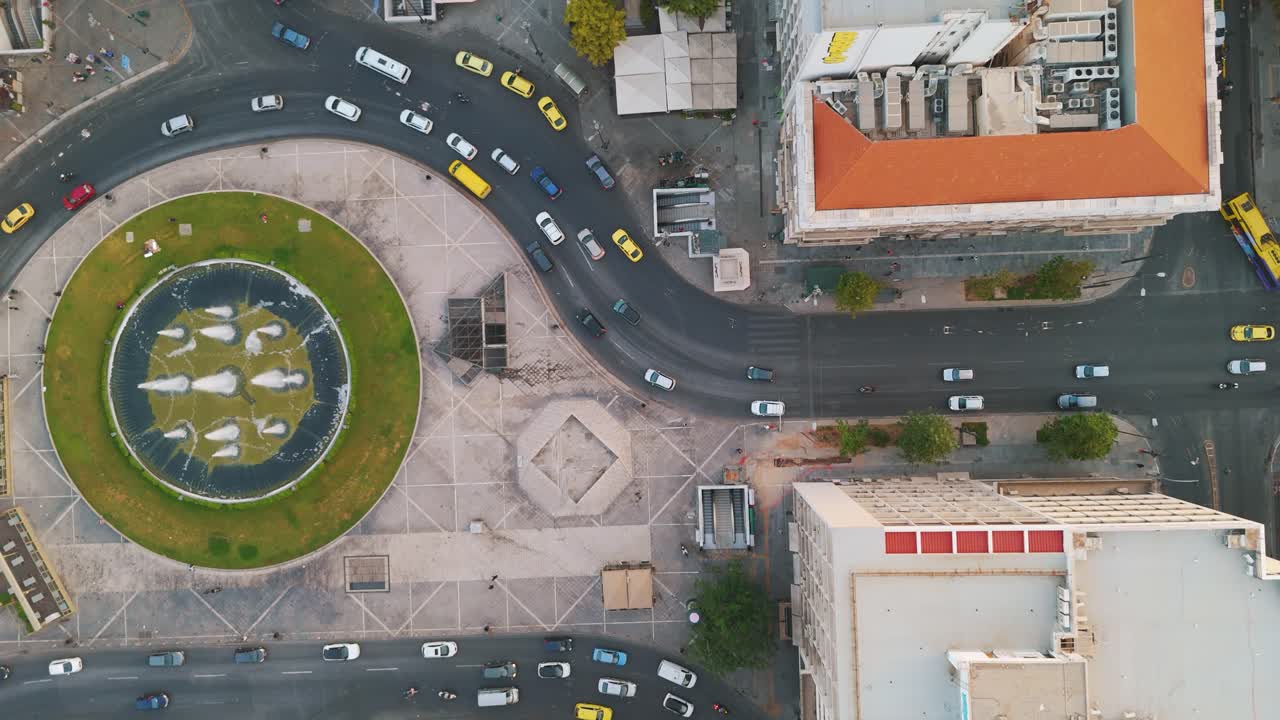 Aerial view of busy Omonia Square, Athens, with vibrant city life