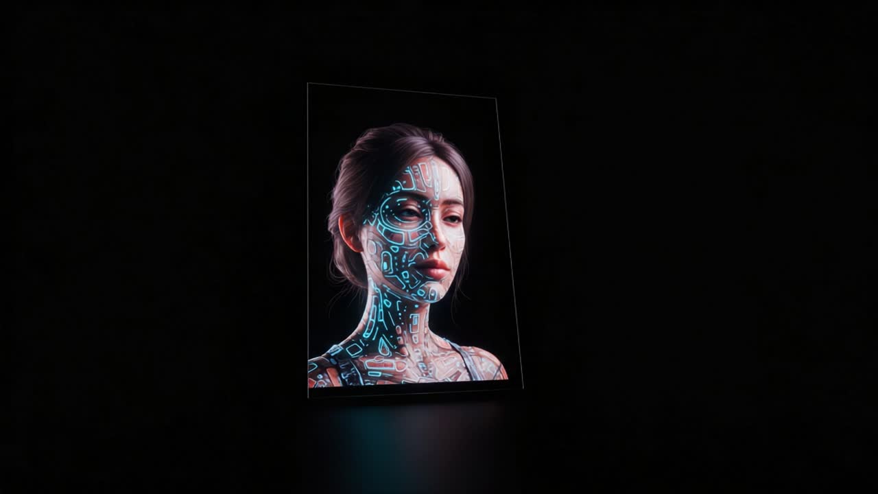 A Stunning Portrait of a Futuristic Female with Digital Body Art and Visual Effects Captured in a Dark Environment, Merging Technology with Beauty