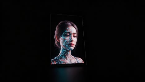 a stunning portrait of a futuristic female with digital body art and visual effects captured in a dark environment, merging technology with beauty
