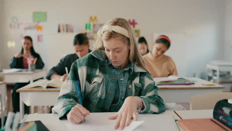 student, education and writing test in classroom