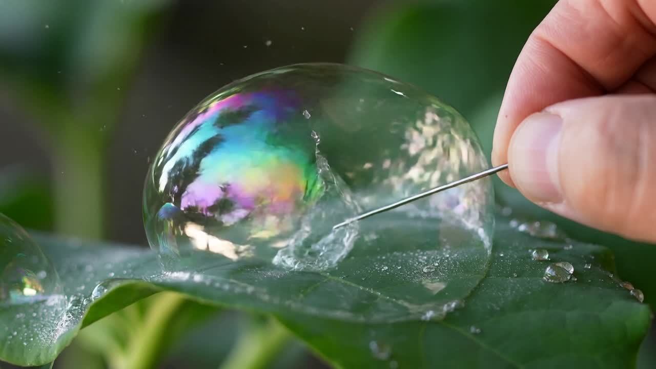 Forando una bolla di sapone con un ago su una foglia in giardino, una mano cerca di farla scoppiare, rilasciando goccioline