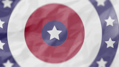 bandera estadounidense con estrellas blancas giratorias con círculos azules, blancos y rojos sobre fondo blanco