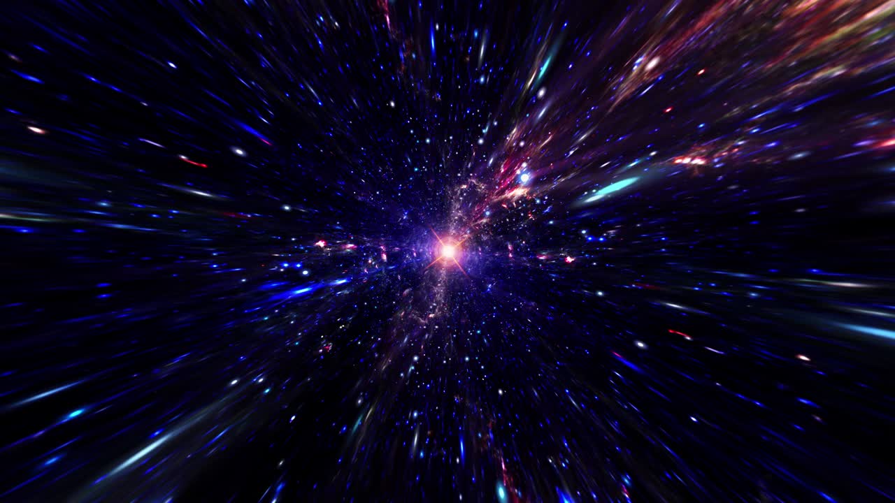 campos de estrellas voladoras, muchas partículas a través del hiperespacio deformación túnel púrpura azul oscuro con luz de llamarada central. 4k 3d visualizador abstracto bucle sin costuras de partículas voladoras en el túnel.