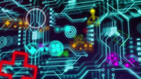 Animation of video game icons and data processing over circuit board