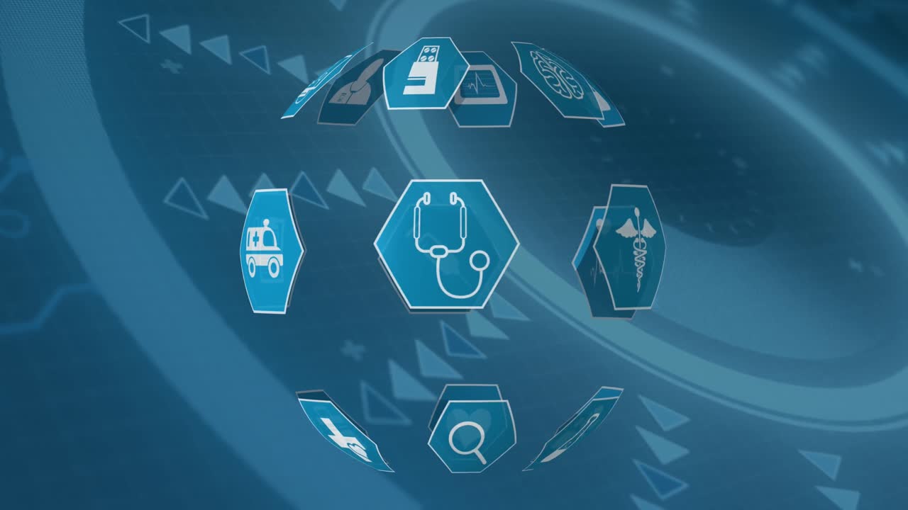 파란색 배경에 아이콘과 과학 데이터 처리를 가진 지구의 애니메이션