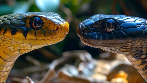 Two snakes are facing each other, one is yellow and the other is black. The yellow snake is looking at the black snake