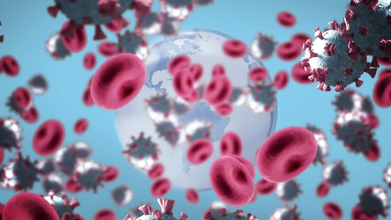 지구상에 떨어지는 코로나19 세포의 애니메이션