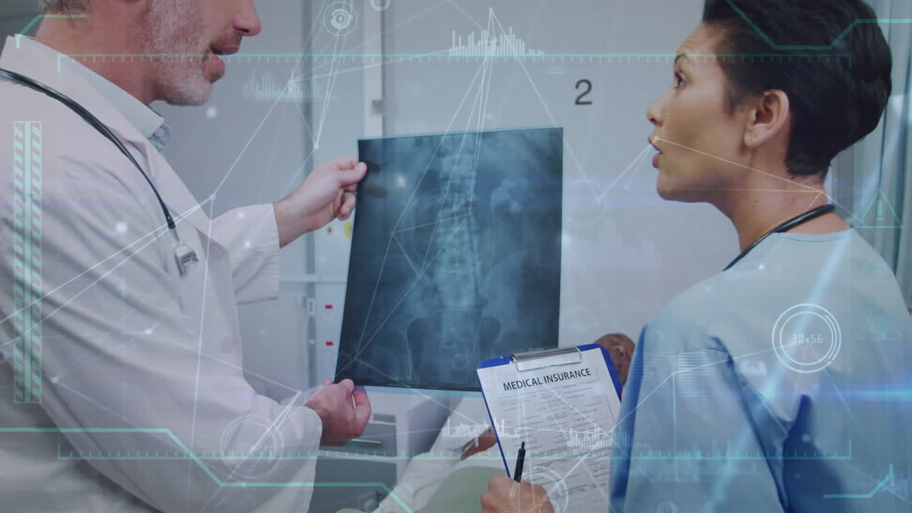 Animation of network of connections on caucasian male and female doctors examining x-ray at hospital