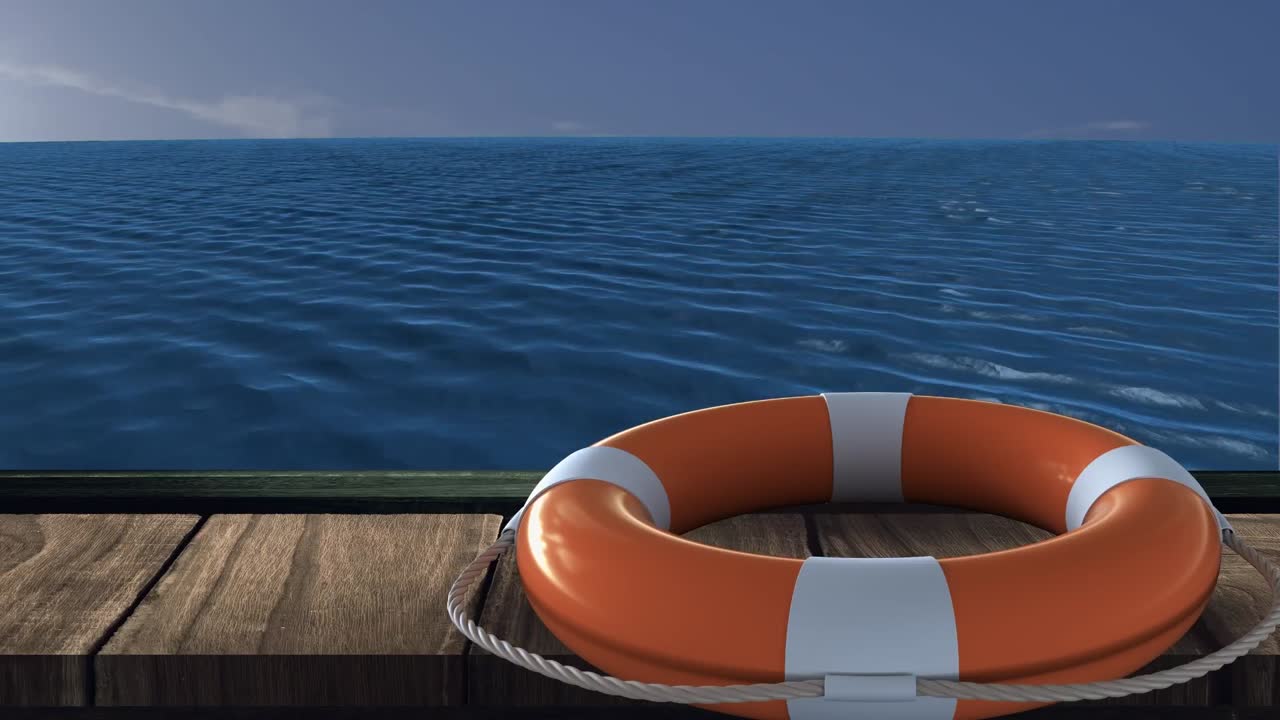 바다 위 의 나무 로 된 산책로 에 있는 구명 벨트 의 애니메이션