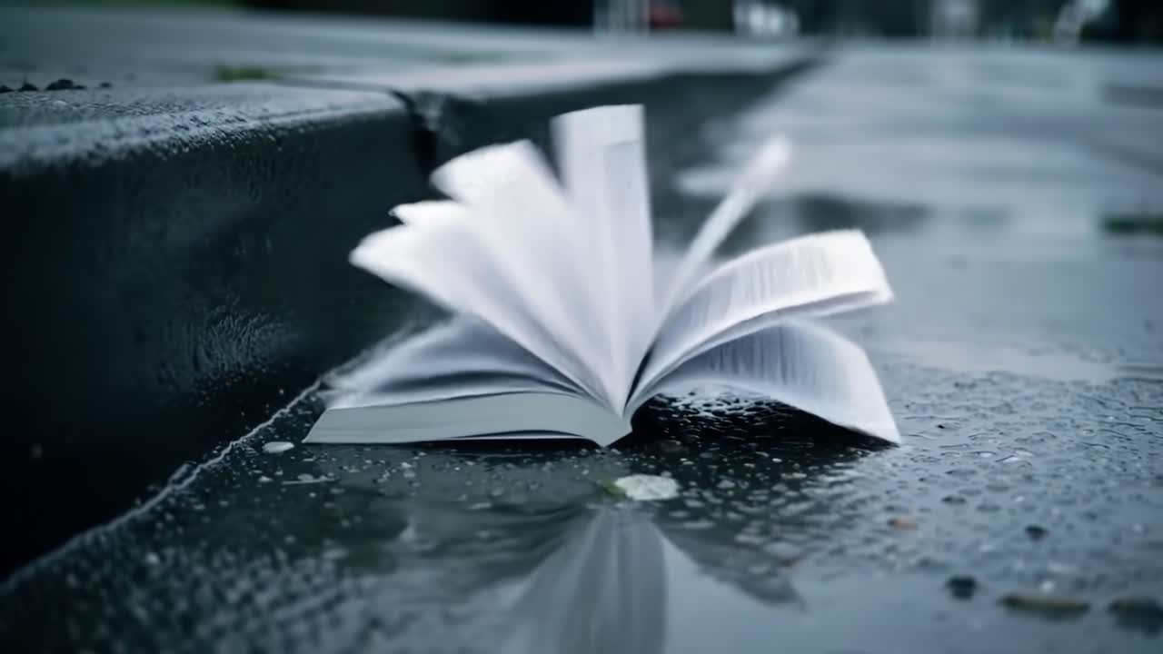 A book lays open on a rain-soaked sidewalk, its pages fluttering in the wind. Clouds loom overhead, contributing to the somber atmosphere of the scene.