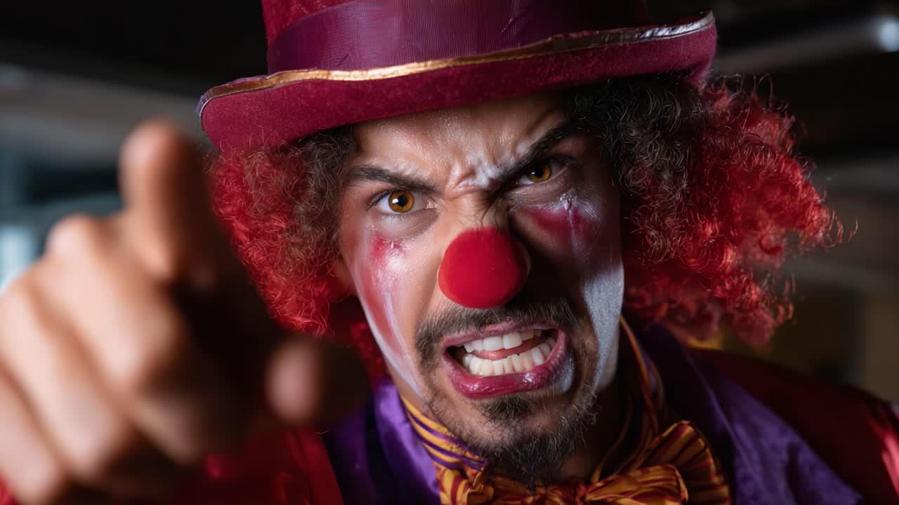 Artista circense intenso: un clown feroce con capelli rosso acceso, che esprime rabbia e passione con un gesto indicativo e un trucco vivido in una scena drammatica