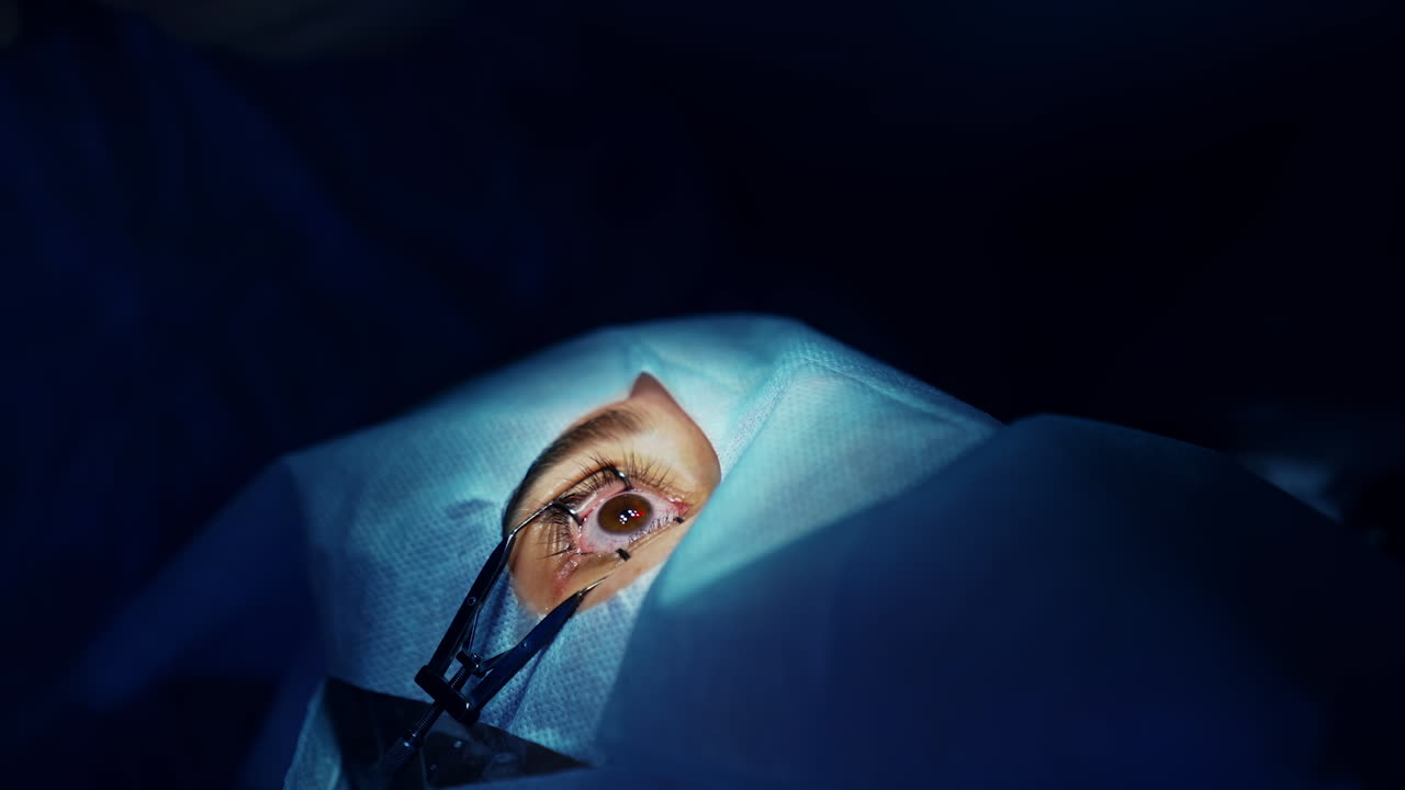 corrección de la visión con láser. un paciente y un equipo de cirujanos en la sala de operaciones durante una cirugía oftalmológica. especulo del párpado. tratamiento de lasik. paciente bajo una cubierta estéril