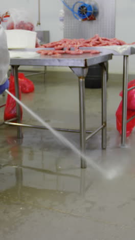 female butcher cleaning the floor