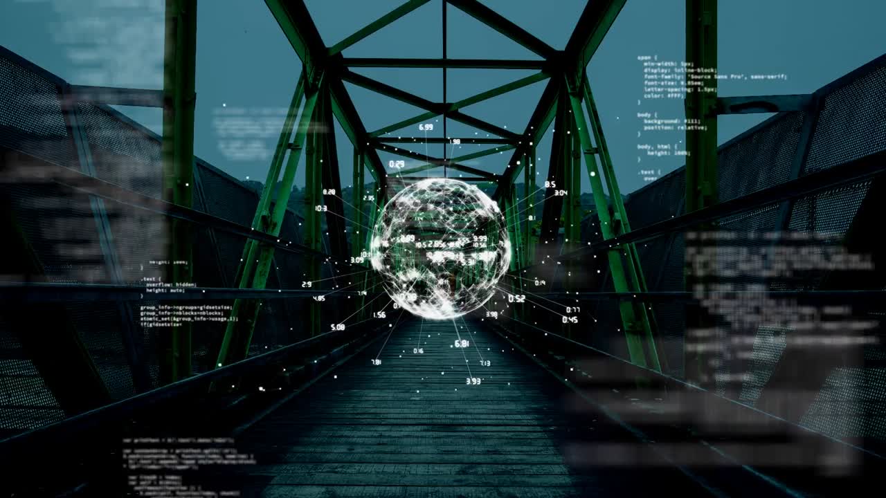 Animation of financial data processing and globe over bridge