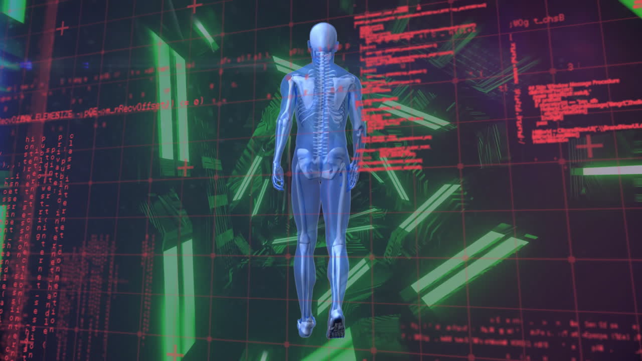 animación de un modelo humano digital y procesamiento de datos sobre formas de neón sobre fondo negro