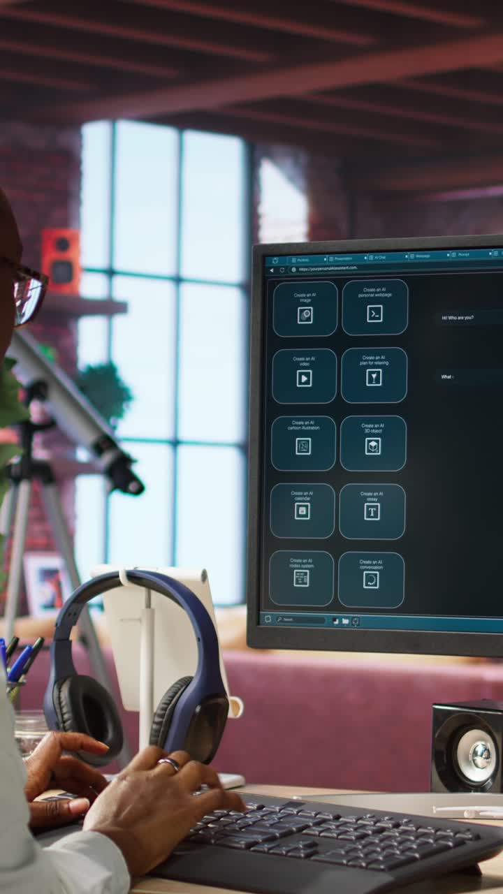 Vertical video Woman at home asking questions to AI LLM chatbot virtual assistant