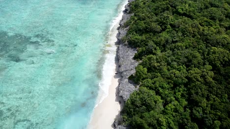 aerial drone of dense rainforest on uninhabited remote tropical island with white sandy shoreline and idyllic crystal clear turquoise ocean water