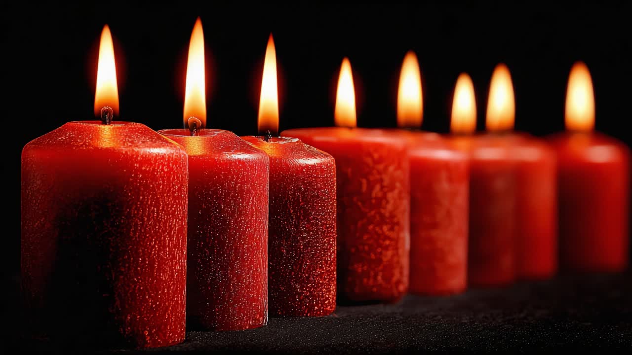 Una Serena Disposizione di Candele Rosse Illuminate da Fiamme Morbide, Che Proiettano un Caldo Bagliore su uno Sfondo Scuro, Perfetto per Creare Atmosfera e Tranquillità.