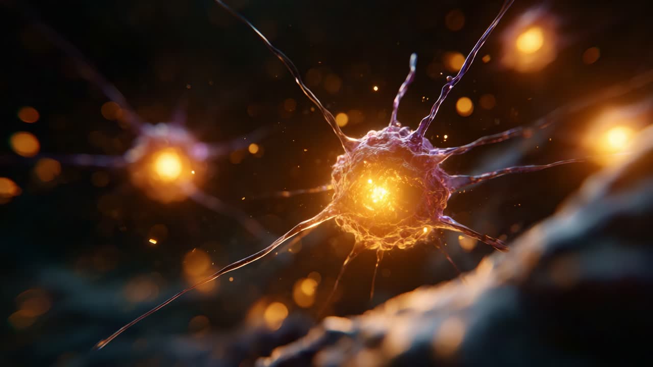 A Fascinating Close-up of Neurons Firing, Capturing the Intricate Details of Brain Activity with Luminous Synapses in a Dynamic Biological Environment