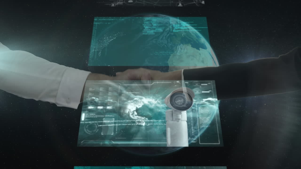 Data processing over mid section of businessman and businesswoman shaking hands against globe