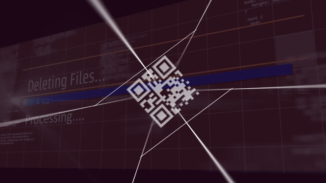 animación de códigos qr entre líneas sobre textos y lenguaje informático contra fondo negro