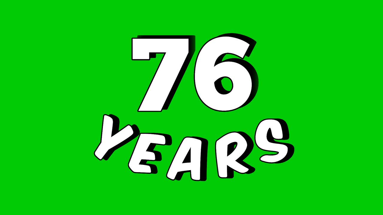 Cartoon style number 76 years text animation on a green screen background, perfect for birthday, anniversary, and celebration videos. Motion graphic element with chroma key for easy integration