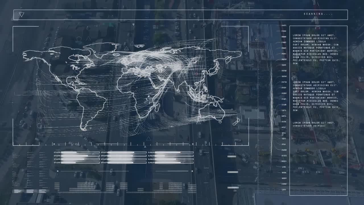 Animation of data processing and scanning over cityscape
