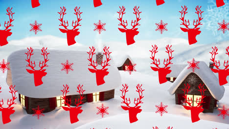 animación de copos de nieve y renos sobre casas en un paisaje de invierno