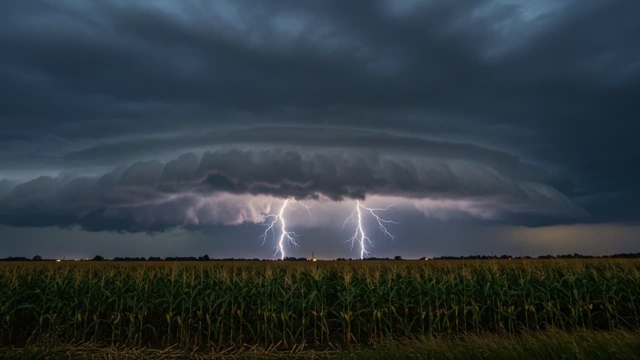 A Dramatic Display of Nature's Fury: Dark Storm Clouds and Lightning Striking Across a Cornfield Capture the Raw Power of a Thunderstorm