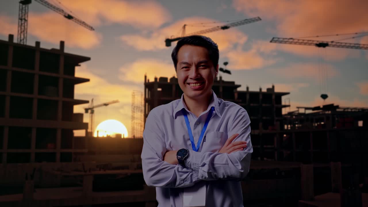 Potret Seorang Pekerja Profesional Pria Asia yang Berdiri di Lokasi Konstruksi Rumah Baru, dengan Senyum Lebar ke Arah Kamera dan Menyilangkan Lengan di Depan Dada