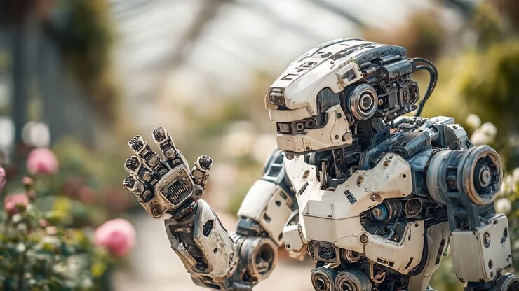 Un robot curieux explore une serre luxuriante remplie de fleurs colorées, mêlant technologie et nature dans une harmonie saisissante.