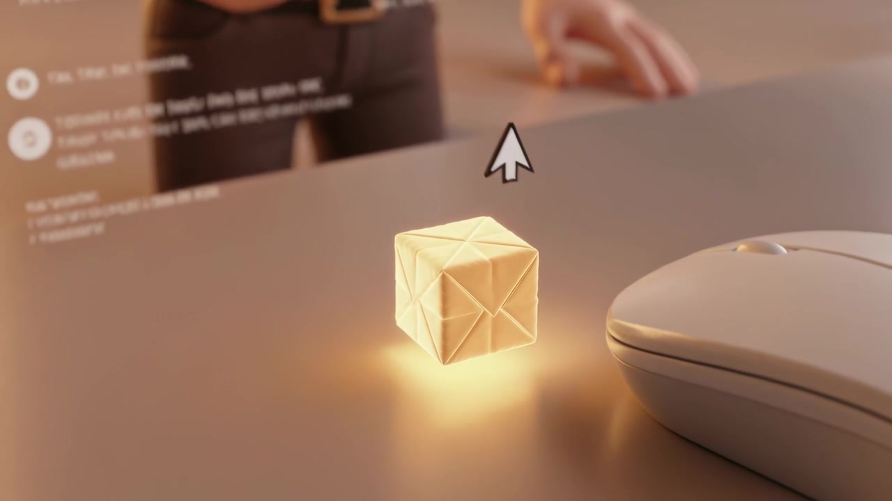 Dopo l'indicazione HUD, l'host che indossa una camicia e un auricolare sposta un cubo luminoso sulla scrivania, con il cursore.