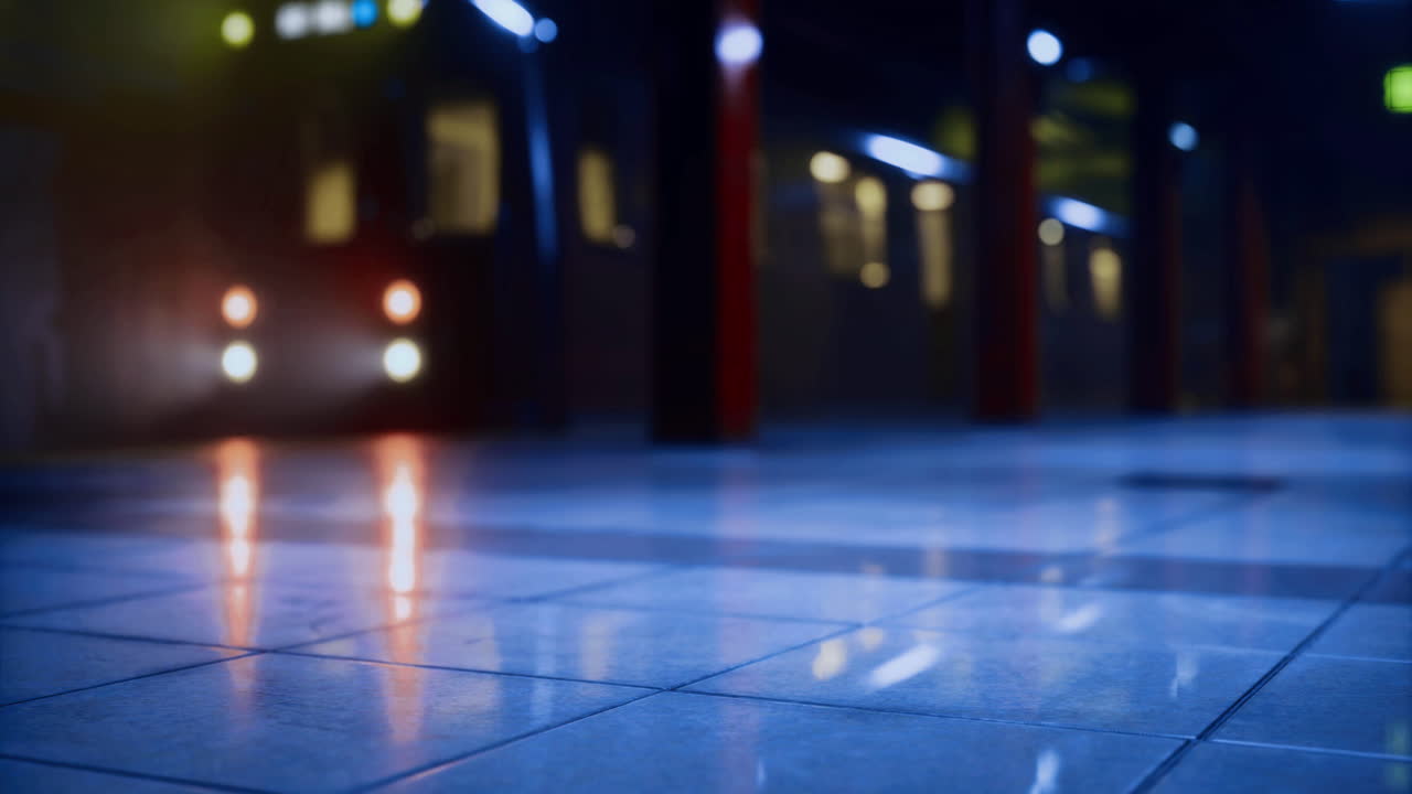 Urban subway station at night with approaching train and reflective tiles