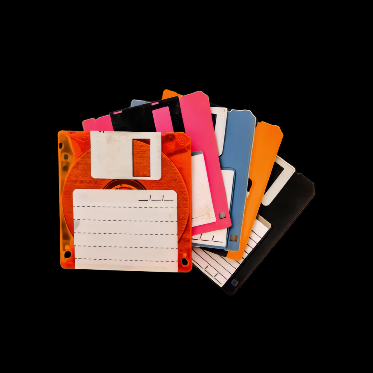 Colorful retro floppy disks collection animation isolated asset, transparent 4K video, alpha