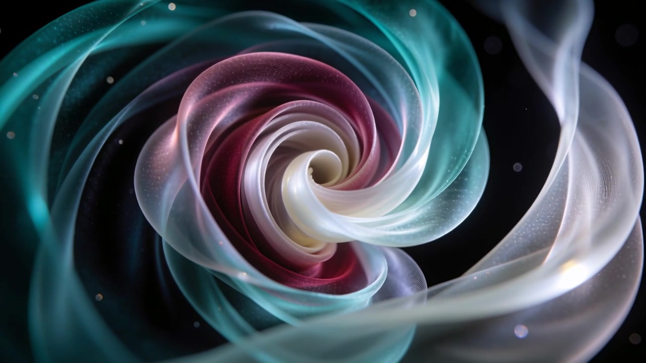 Nastro a Spirale che si Attorciglia, si Stringe e Ruota dopo il Primo Fotogramma nello Spazio Nero, con Nucleo Luminoso