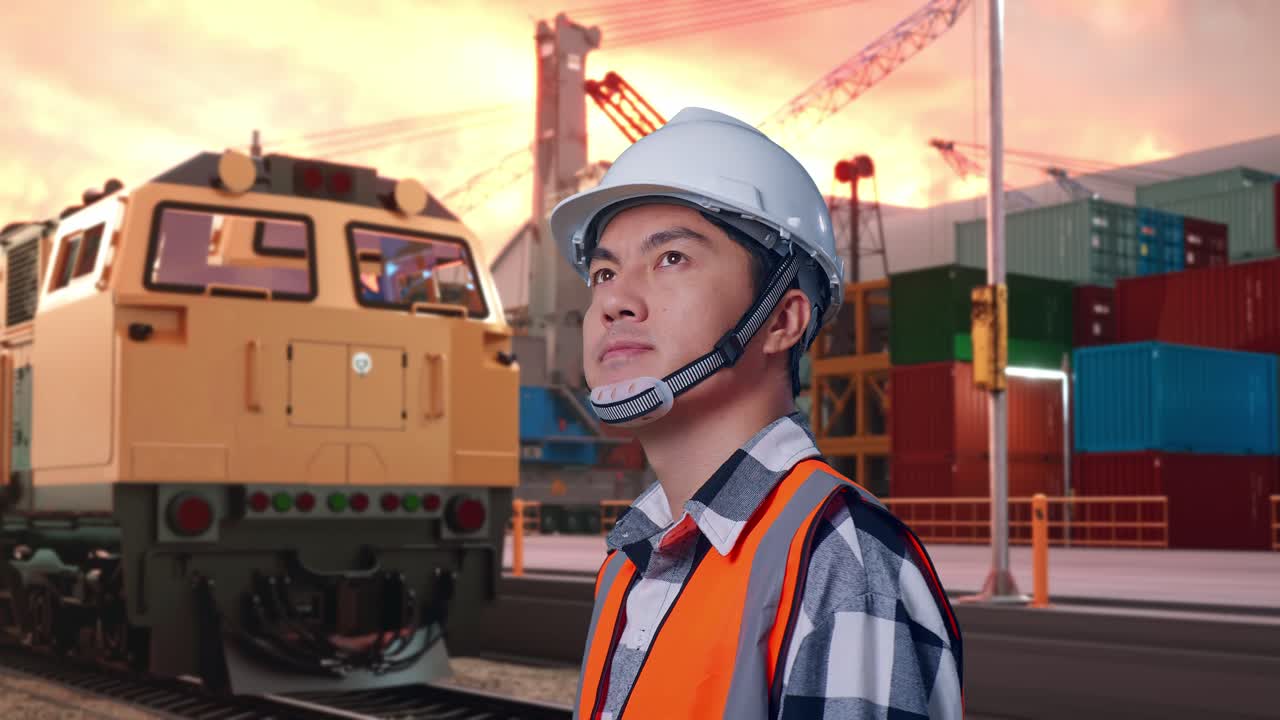 Engineer at a Port with Train in Background