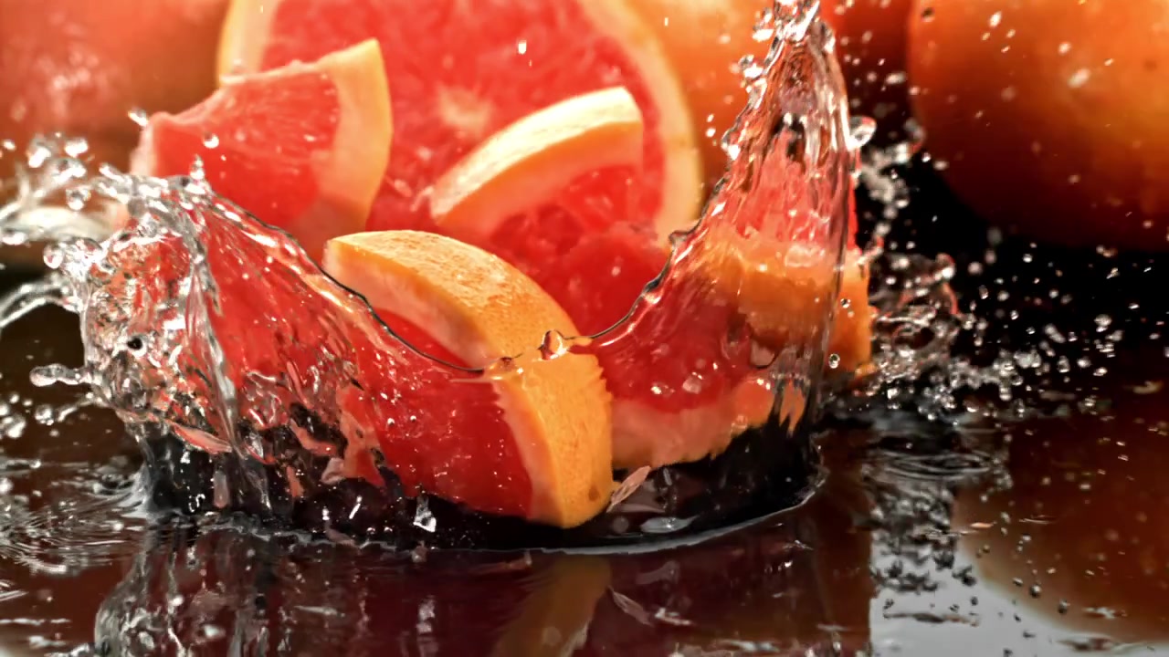 Grapefruitscheiben fallen in Zeitlupe mit Spritzern ins Wasser